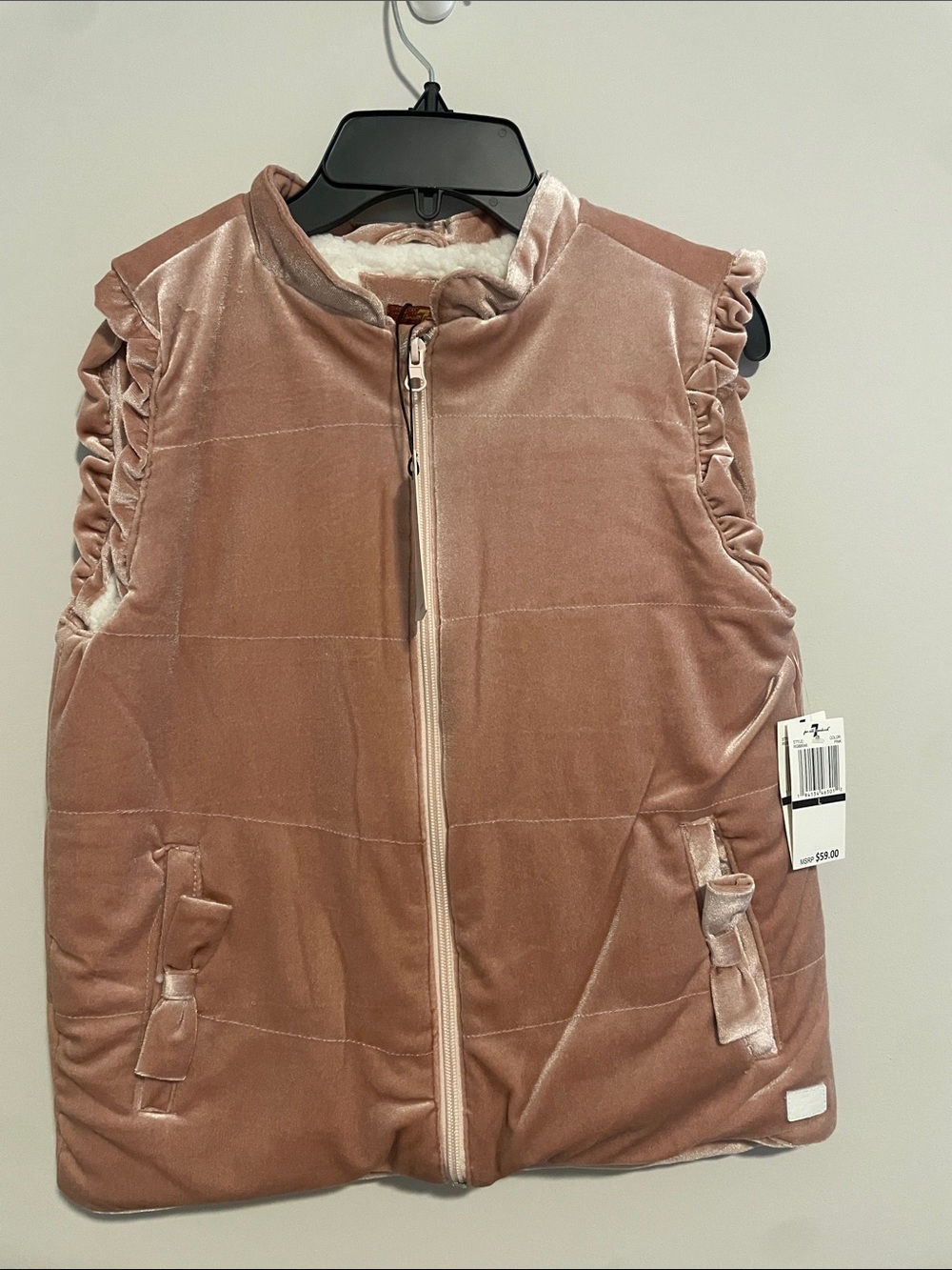7 For All Mankind Girls' Velvet Puffer Vest in Dusty Rose